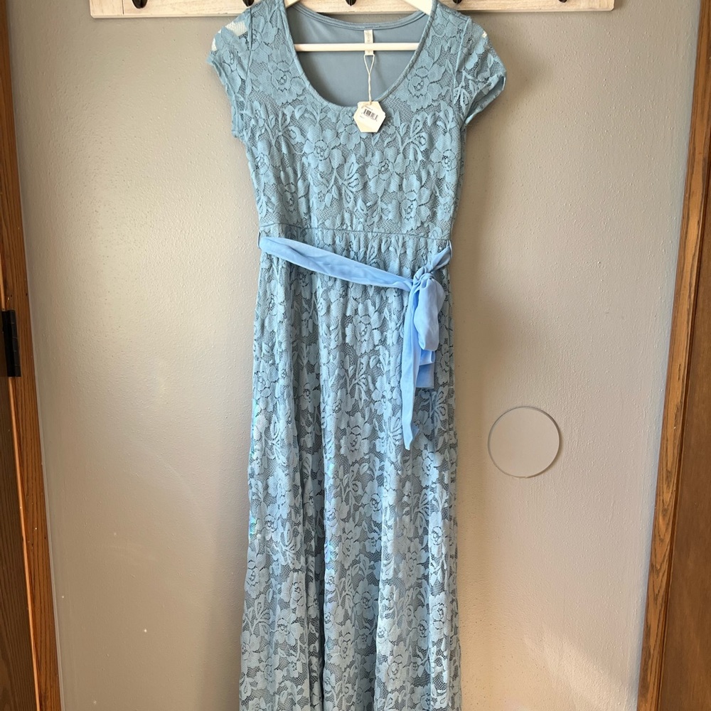 Pinkblush maternity blue sash tie gown